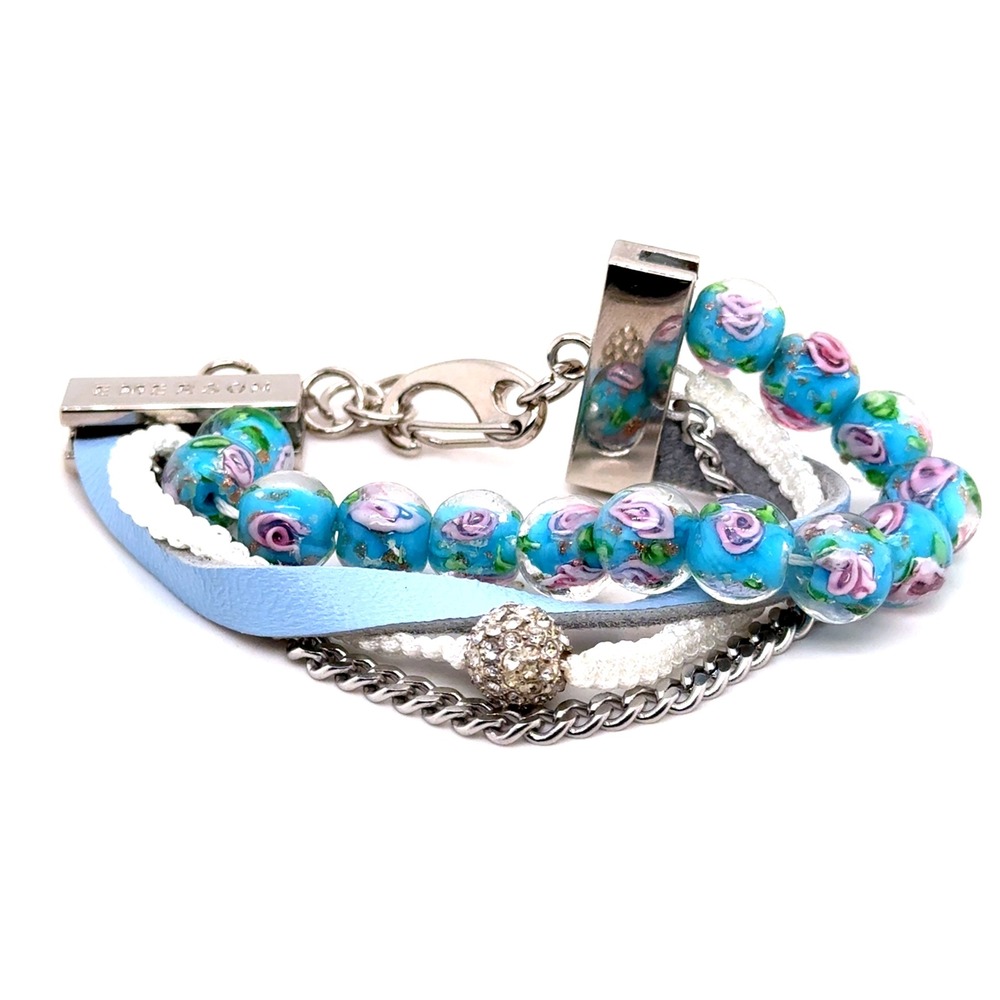 Victoria Emerson Boho Cuff Bracelet Blue Floral Glass Bead Leather Silver Tone